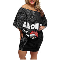 Hawaii Aloha Santa Claus Funny Polynesian Tattoo Family Matching Off Shoulder Short Dress and Hawaiian Shirt Black Color LT03 Mom's Dress Black - Polynesian Pride