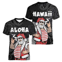 Hawaii Aloha Santa Claus Funny Polynesian Tattoo Women V-Neck T-Shirt Black Color