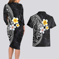 Hawaiian Hibiscus and Plumeria Polynesian Tribal Tattoo Couples Matching Long Sleeve Bodycon Dress and Hawaiian Shirt Black Color LT03 - Polynesian Pride