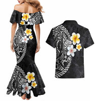 Hawaiian Hibiscus and Plumeria Polynesian Tribal Tattoo Couples Matching Mermaid Dress and Hawaiian Shirt Black Color LT03 - Polynesian Pride