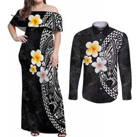 Hawaiian Hibiscus and Plumeria Polynesian Tribal Tattoo Couples Matching Off Shoulder Maxi Dress and Long Sleeve Button Shirt Black Color LT03 Black - Polynesian Pride
