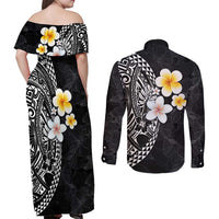 Hawaiian Hibiscus and Plumeria Polynesian Tribal Tattoo Couples Matching Off Shoulder Maxi Dress and Long Sleeve Button Shirt Black Color LT03 - Polynesian Pride