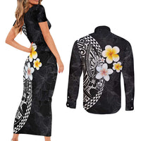 Hawaiian Hibiscus and Plumeria Polynesian Tribal Tattoo Couples Matching Short Sleeve Bodycon Dress and Long Sleeve Button Shirt Black Color LT03 - Polynesian Pride
