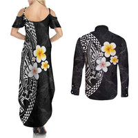 Hawaiian Hibiscus and Plumeria Polynesian Tribal Tattoo Couples Matching Summer Maxi Dress and Long Sleeve Button Shirt Black Color LT03 - Polynesian Pride