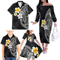 Hawaiian Hibiscus and Plumeria Polynesian Tribal Tattoo Family Matching Off The Shoulder Long Sleeve Dress and Hawaiian Shirt Black Color LT03 - Polynesian Pride