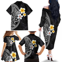 Hawaiian Hibiscus and Plumeria Polynesian Tribal Tattoo Family Matching Off The Shoulder Long Sleeve Dress and Hawaiian Shirt Black Color LT03 - Polynesian Pride