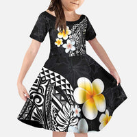Hawaiian Hibiscus and Plumeria Polynesian Tribal Tattoo Family Matching Short Sleeve Bodycon Dress and Hawaiian Shirt Black Color LT03 Daughter's Dress Black - Polynesian Pride