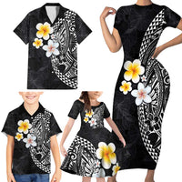 Hawaiian Hibiscus and Plumeria Polynesian Tribal Tattoo Family Matching Short Sleeve Bodycon Dress and Hawaiian Shirt Black Color LT03 - Polynesian Pride
