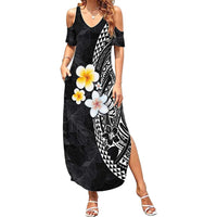Hawaiian Hibiscus and Plumeria Polynesian Tribal Tattoo Family Matching Summer Maxi Dress and Hawaiian Shirt Black Color LT03 Mom's Dress Black - Polynesian Pride
