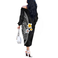 Hawaiian Hibiscus and Plumeria Polynesian Tribal Tattoo Off The Shoulder Long Sleeve Dress Black Color LT03 - Polynesian Pride