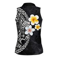 Hawaiian Hibiscus and Plumeria Polynesian Tribal Tattoo Women Sleeveless Polo Shirt Black Color