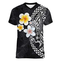 Hawaiian Hibiscus and Plumeria Polynesian Tribal Tattoo Women V-Neck T-Shirt Black Color