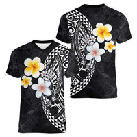 Hawaiian Hibiscus and Plumeria Polynesian Tribal Tattoo Women V-Neck T-Shirt Black Color