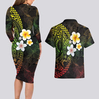 Hawaiian Hibiscus and Plumeria Polynesian Tribal Tattoo Couples Matching Long Sleeve Bodycon Dress and Hawaiian Shirt Reggae Color LT03 - Polynesian Pride