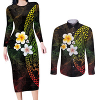Hawaiian Hibiscus and Plumeria Polynesian Tribal Tattoo Couples Matching Long Sleeve Bodycon Dress and Long Sleeve Button Shirt Reggae Color LT03 Reggae - Polynesian Pride