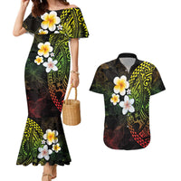 Hawaiian Hibiscus and Plumeria Polynesian Tribal Tattoo Couples Matching Mermaid Dress and Hawaiian Shirt Reggae Color LT03 Reggae - Polynesian Pride