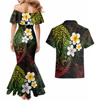 Hawaiian Hibiscus and Plumeria Polynesian Tribal Tattoo Couples Matching Mermaid Dress and Hawaiian Shirt Reggae Color LT03 - Polynesian Pride