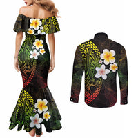 Hawaiian Hibiscus and Plumeria Polynesian Tribal Tattoo Couples Matching Mermaid Dress and Long Sleeve Button Shirt Reggae Color LT03 - Polynesian Pride