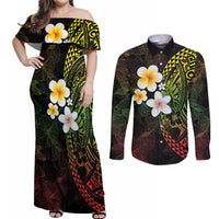 Hawaiian Hibiscus and Plumeria Polynesian Tribal Tattoo Couples Matching Off Shoulder Maxi Dress and Long Sleeve Button Shirt Reggae Color LT03 Reggae - Polynesian Pride