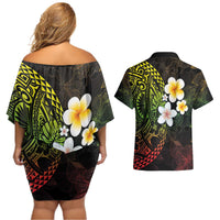 Hawaiian Hibiscus and Plumeria Polynesian Tribal Tattoo Couples Matching Off Shoulder Short Dress and Hawaiian Shirt Reggae Color LT03 - Polynesian Pride