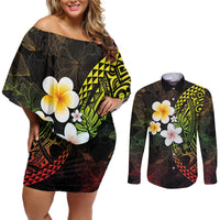 Hawaiian Hibiscus and Plumeria Polynesian Tribal Tattoo Couples Matching Off Shoulder Short Dress and Long Sleeve Button Shirt Reggae Color LT03 Reggae - Polynesian Pride