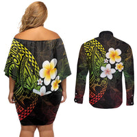 Hawaiian Hibiscus and Plumeria Polynesian Tribal Tattoo Couples Matching Off Shoulder Short Dress and Long Sleeve Button Shirt Reggae Color LT03 - Polynesian Pride