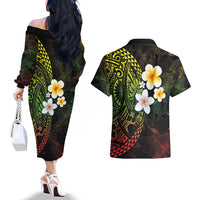 Hawaiian Hibiscus and Plumeria Polynesian Tribal Tattoo Couples Matching Off The Shoulder Long Sleeve Dress and Hawaiian Shirt Reggae Color LT03 - Polynesian Pride