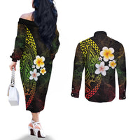 Hawaiian Hibiscus and Plumeria Polynesian Tribal Tattoo Couples Matching Off The Shoulder Long Sleeve Dress and Long Sleeve Button Shirt Reggae Color LT03 - Polynesian Pride
