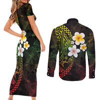 Hawaiian Hibiscus and Plumeria Polynesian Tribal Tattoo Couples Matching Short Sleeve Bodycon Dress and Long Sleeve Button Shirt Reggae Color LT03 - Polynesian Pride