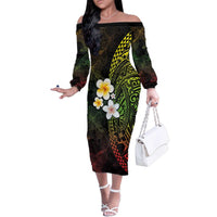 Hawaiian Hibiscus and Plumeria Polynesian Tribal Tattoo Family Matching Off The Shoulder Long Sleeve Dress and Hawaiian Shirt Reggae Color LT03 Mom's Dress Reggae - Polynesian Pride