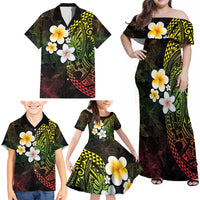 Hawaiian Hibiscus and Plumeria Polynesian Tribal Tattoo Family Matching Off Shoulder Maxi Dress and Hawaiian Shirt Reggae Color LT03 - Polynesian Pride