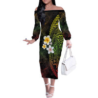 Hawaiian Hibiscus and Plumeria Polynesian Tribal Tattoo Off The Shoulder Long Sleeve Dress Reggae Color LT03 Women Reggae - Polynesian Pride