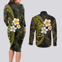 Hawaiian Hibiscus and Plumeria Polynesian Tribal Tattoo Couples Matching Long Sleeve Bodycon Dress and Long Sleeve Button Shirt Yellow Color LT03 - Polynesian Pride