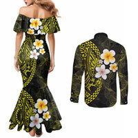 Hawaiian Hibiscus and Plumeria Polynesian Tribal Tattoo Couples Matching Mermaid Dress and Long Sleeve Button Shirt Yellow Color LT03 - Polynesian Pride