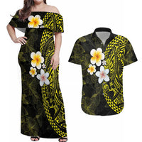 Hawaiian Hibiscus and Plumeria Polynesian Tribal Tattoo Couples Matching Off Shoulder Maxi Dress and Hawaiian Shirt Yellow Color LT03 Yellow - Polynesian Pride
