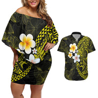 Hawaiian Hibiscus and Plumeria Polynesian Tribal Tattoo Couples Matching Off Shoulder Short Dress and Hawaiian Shirt Yellow Color LT03 Yellow - Polynesian Pride