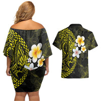 Hawaiian Hibiscus and Plumeria Polynesian Tribal Tattoo Couples Matching Off Shoulder Short Dress and Hawaiian Shirt Yellow Color LT03 - Polynesian Pride