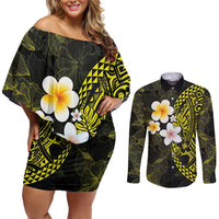 Hawaiian Hibiscus and Plumeria Polynesian Tribal Tattoo Couples Matching Off Shoulder Short Dress and Long Sleeve Button Shirt Yellow Color LT03 Yellow - Polynesian Pride