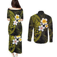 Hawaiian Hibiscus and Plumeria Polynesian Tribal Tattoo Couples Matching Puletasi and Long Sleeve Button Shirt Yellow Color LT03 - Polynesian Pride