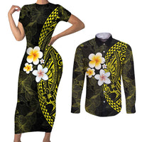 Hawaiian Hibiscus and Plumeria Polynesian Tribal Tattoo Couples Matching Short Sleeve Bodycon Dress and Long Sleeve Button Shirt Yellow Color LT03 Yellow - Polynesian Pride