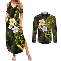 Hawaiian Hibiscus and Plumeria Polynesian Tribal Tattoo Couples Matching Summer Maxi Dress and Long Sleeve Button Shirt Yellow Color LT03 Yellow - Polynesian Pride