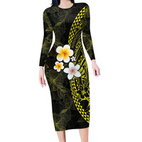 Hawaiian Hibiscus and Plumeria Polynesian Tribal Tattoo Family Matching Long Sleeve Bodycon Dress and Hawaiian Shirt Yellow Color LT03 Mom's Dress Yellow - Polynesian Pride