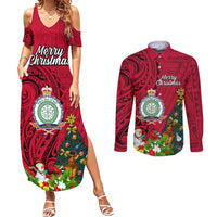 Personalised Niue Christmas Couples Matching Summer Maxi Dress and Long Sleeve Button Shirt Coat of Arms and Polynesian Tattoo Xmas Element Christmas Red Vibe LT03 Red - Polynesian Pride