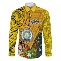 Personalised Niue Christmas Family Matching Mermaid Dress and Hawaiian Shirt Coat of Arms and Polynesian Tattoo Xmas Element Christmas Yellow Vibe LT03 Dad's Shirt - Long Sleeve Yellow - Polynesian Pride