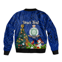 Personalised Niue Christmas Sleeve Zip Bomber Jacket Coat of Arms and Polynesian Tattoo Xmas Element Christmas Blue Vibe LT03 - Polynesian Pride