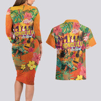 Hawaiian Honolulu Festival Couples Matching Long Sleeve Bodycon Dress and Hawaiian Shirt Hawaiian Identity - Hula Dancer and Ukulele Tropical Plants Style LT03 - Polynesian Pride