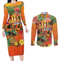 Hawaiian Honolulu Festival Couples Matching Long Sleeve Bodycon Dress and Long Sleeve Button Shirt Hawaiian Identity - Hula Dancer and Ukulele Tropical Plants Style LT03 Orange - Polynesian Pride