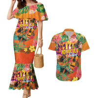 Hawaiian Honolulu Festival Couples Matching Mermaid Dress and Hawaiian Shirt Hawaiian Identity - Hula Dancer and Ukulele Tropical Plants Style LT03 Orange - Polynesian Pride