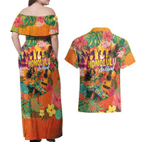 Hawaiian Honolulu Festival Couples Matching Off Shoulder Maxi Dress and Hawaiian Shirt Hawaiian Identity - Hula Dancer and Ukulele Tropical Plants Style LT03 - Polynesian Pride