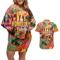 Hawaiian Honolulu Festival Couples Matching Off Shoulder Short Dress and Hawaiian Shirt Hawaiian Identity - Hula Dancer and Ukulele Tropical Plants Style LT03 Orange - Polynesian Pride